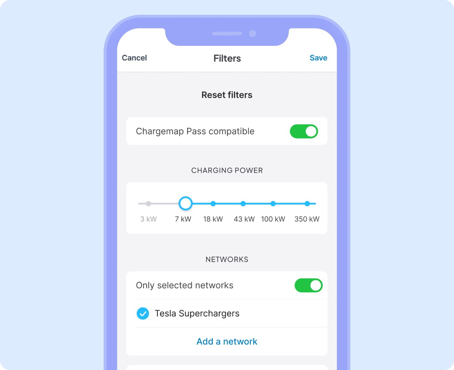 Chargemap filters compatible Tesla Superchargers